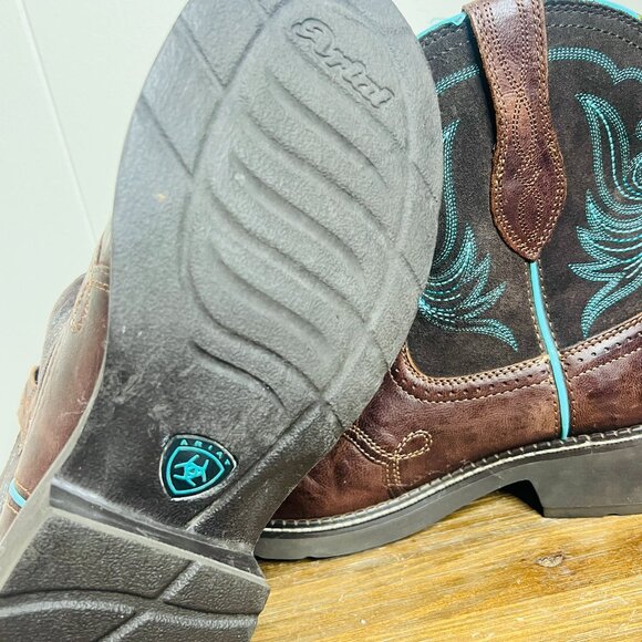 Ariat Women's 7.5 Fatbaby Heritage Dapper Western Boots Round Toe Chocolate Turq - Picture 6 of 10